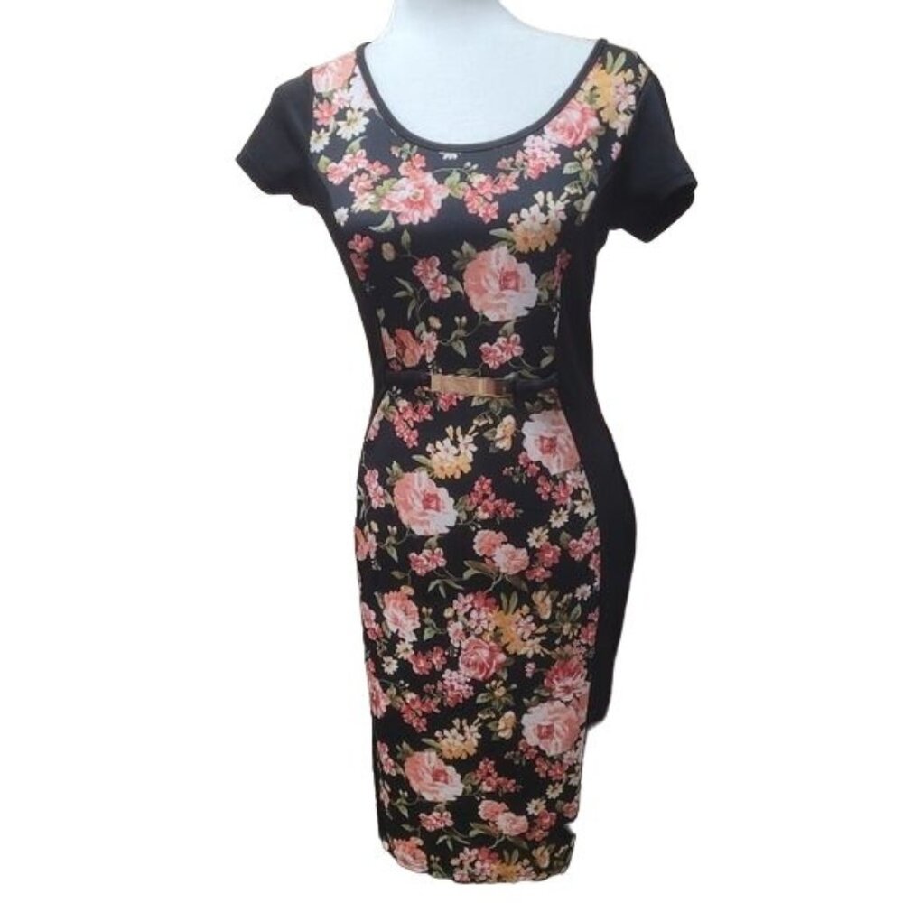 Annabelle Women’s Medium Black Floral Sheath Dress Belted Short Sleeve Slimming